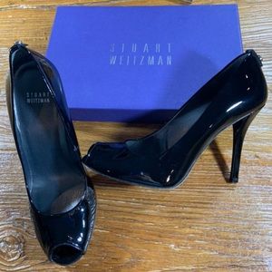 Stuart Weitzman patent leather peep toe pumps